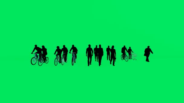 Werkende Mensen Wandelen Fietsen Groen Scherm Geïsoleerde Monochrome Achtergrond Chroma — Stockvideo