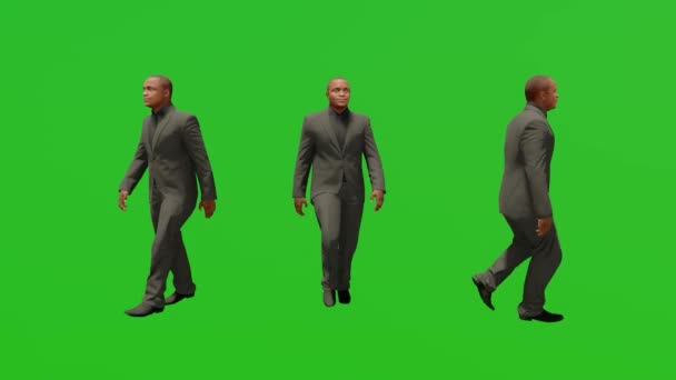Костюм Человек Ходящий Тремя Разными Углами Зеленый Экран Рендеринг Реалистичный — стоковое видео