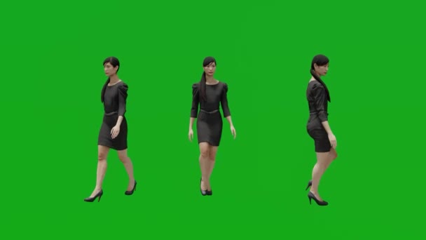 Woman Black Dress Walking Three Angles Green Screen Render Realistic — стоковое видео