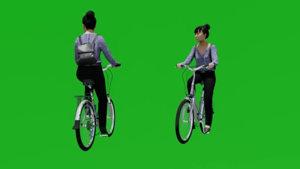 Ασιατικό Κοριτσάκι Στην Πράσινη Οθόνη Ιππασίας Ένα Ποδήλατο Στο Πάρκο — Αρχείο Βίντεο