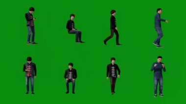 Siyah spor kıyafetleriyle yeşil ekranda oturan ve yürüyen basketbol oyuncusu ve voleybol takımı oyuncuları.