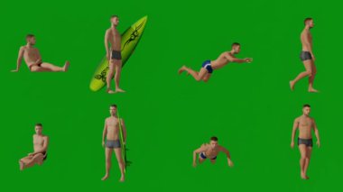 Yeşil ekran spor giyim takımında 3D erkek oyuncu oturma ve yürüme