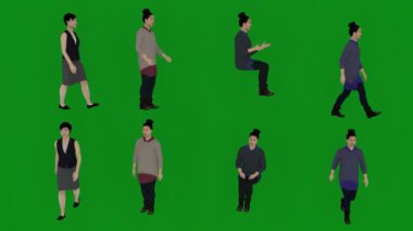 4k çözünürlük, yeşil ekranda çeşitli Asyalı kadın satıcılar konuşuyor, satıyor, yürüyor, oturuyor ve dükkanda duruyor, kroma anahtarı.