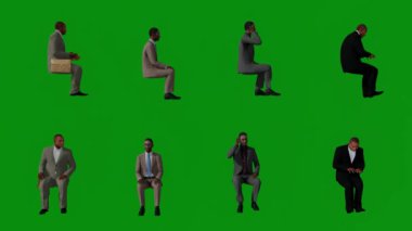 Yeşil ekranda oturan 3D adam, insanlar animasyonu 4k yapıyor.