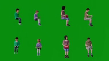 Yeşil ekran arkaplan okumasında birkaç farklı Amerikalı küçük kızın 3 boyutlu görüntüsü