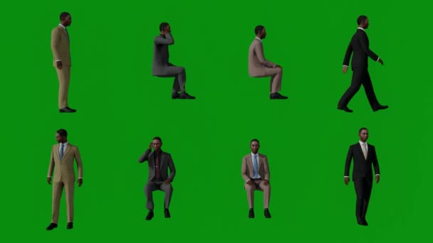 Pessoas Tela Verde Andando Sentado Ternos Com Diferentes Cores Renderizado — Vídeo de Stock