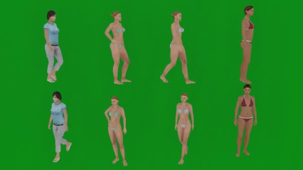 Résolution Diverses Femmes Bikini Sur Fond Vert Parlant Natation — Video