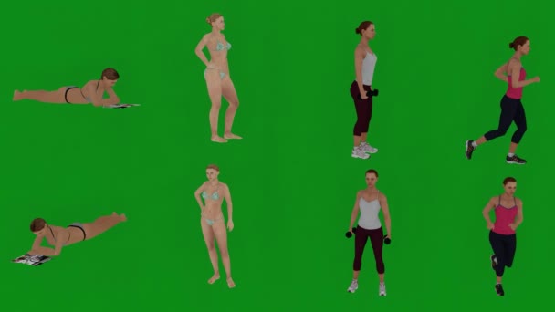 Ανάλυση Διάφορες Γυναίκες Μπικίνι Πράσινο Φόντο Οθόνη Μιλάμε Κολύμπι — Αρχείο Βίντεο
