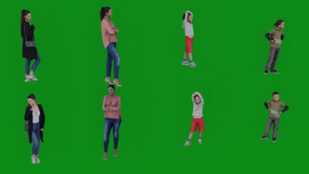 3Dブルーアニメーション 緑の画面上の左角度からの巨大な応援友 人歩く背景クロマキービジュアルエフェクトアニメーション — ストック動画