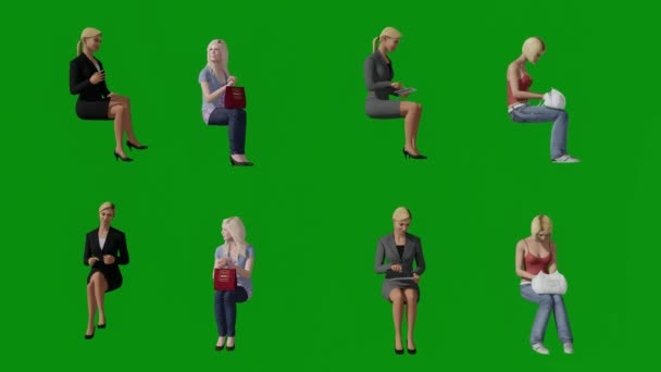 Четыре Блондинки Женщин Ищущих Различные Рабочие Места Зеленом Фоне Экрана — стоковое видео