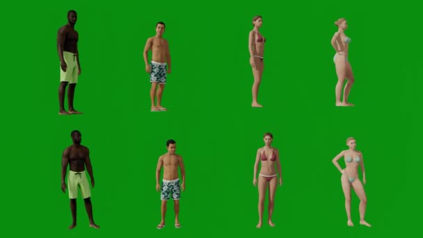 Pareja Hombres Mujeres Diferentes Trajes Baño Pantalla Verde Charla Fondo — Vídeos de Stock