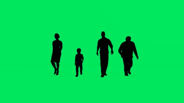 緑のスクリーンを背景に歩くアジア系と日本人の家族のグループの3D — ストック動画