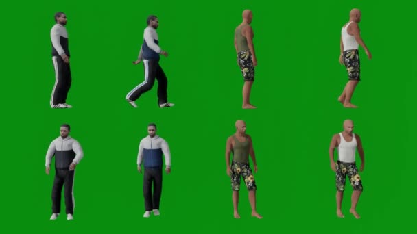 Blauw Geanimeerde Man Dansen Groen Scherm Vanuit Voorhoek Mensen Lopen — Stockvideo