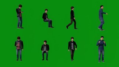 3D erkek insanlar yeşil ekran siyah spor giyim, oturan, yürüyen basketbol oyuncusu ve voleybol takımı oyuncuları