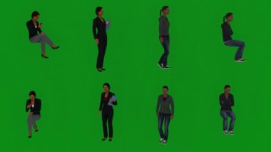 4K çözünürlük, güzel işadamı, yeşil ekranda farklı erkek ve kadın, konuşuyor ve cep telefonu kullanıyor ve yürüyor, oturuyor ve ayakta duruyor, kroma anahtarı