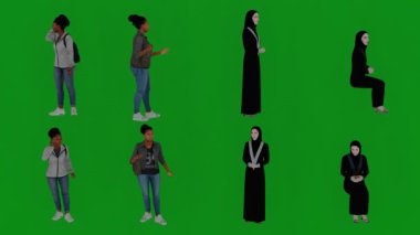 4K çözünürlük, farklı Arapça öğretmeni yeşil ekranda konuşuyor ve cep telefonu kullanıyor ve camide oturuyor ve ayakta duruyor, kroma anahtarı