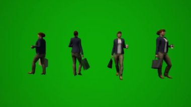 Orta yaşlı Amerikalı kadın 3D yeşil ekran mağazası ve çantasıyla havaalanına gidiyor.
