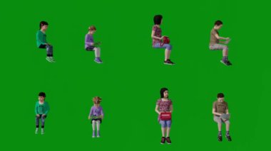 3D farklı Amerikan küçük kızları yeşil ekran arkaplan okuma ve 4K kalitesinden arkadaşlarla anaokulunda konuşma