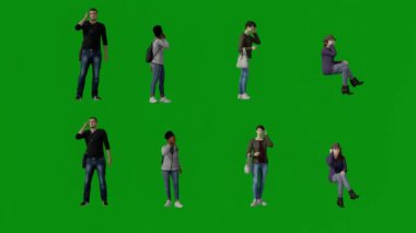 3D çok sayıda Amerikalı turist yeşil ekran arka planda yürüyor ve ön görüntüden cep telefonlarıyla çalışıyor. 4K kalite.