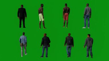 Üç boyutlu birkaç Afrikalı vücut geliştirici yeşil ekran arka planda konuşuyor, egzersiz yapıyor ve arka planda 4K kalitesinde spor salonunda yürüyor.