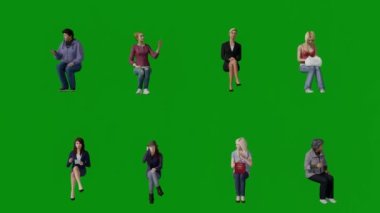Üç boyutlu Avustralyalı farklı pazarlama kadınları yeşil ekran konuşuyor ve oturuş pozisyonunu 4K kalitesinden açıklıyor