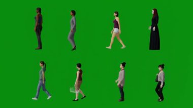 3D birkaç farklı Asyalı kadın yeşil ekran arka planı konuşuyor ve oyun alanı Chroma 4K