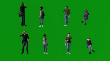 3D birkaç farklı erkek ve kadın yeşil ekran konuşuyor cep telefonları ve farklı açılarda duruyor ve oturuyor 4K kroma