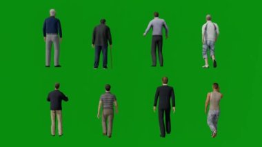 3D çift çalışan erkekler ve ev kadınları yeşil ekran arka planda yürüyorlar ve Chroma 4K 'dan konuşuyorlar.