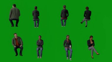 Üç boyutlu erkek ve kadın doktor ziyaretleri için yeşil ekran arka planında oturuyor, konuşuyor ve Chroma 4K 'da arkadan ve önden bekliyor.