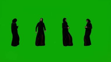 3D grup farklı BAE ve Basra Körfezi Müslüman kadınlar yeşil ekran arka planı konuşan cep telefonları ve çalışan telefon sokakları ve Chroma