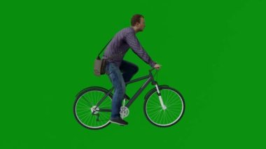 3D Avrupalı fabrika işçisi bisiklet yeşil ekranına biniyor iş arkadaşlarıyla alışverişe gidiyor ve yan görüş krom 4k egzersizi yapıyor.