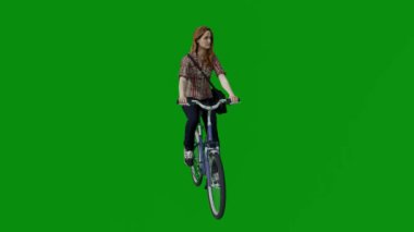 3D Amerikan ev hanımı bisiklet yeşil ekranına biniyor alışverişe gidiyor ve ön görüş kroma 4k egzersizi yapıyor.