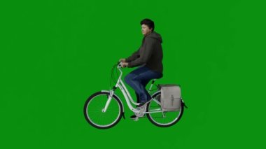 3D Asyalı büyükanne bisiklet yeşil ekranına biniyor. Pazara ve alışverişe gidiyor. Chroma 4K