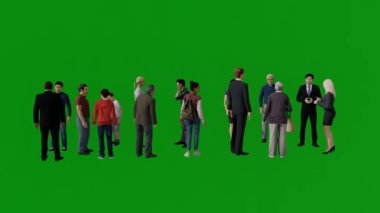 3D büyük sayıda erkek ve kadın muhabir yeşil arka plan ekranı konuşuyor ve yan görüş yüksek kalite Chroma 4K röportaj