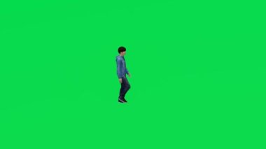 3D genç Amerikalı öğrenci yeşil arka plan yürüyüşü ve egzersizi yapıyor ve yan görüş yüksek kalite Chroma 4K 'dan evine dönüyor.
