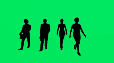 Yeşil ekran arka planı ve silueti üzerinde çalışan birçok erkek ve kadın çalışanın 3D 'si