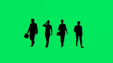 3D birkaç erkek ve kadın satış yöneticisi ofis yeşil ekran arka plan ve siluet ve izole ve yürüme çeşitli açılar Chroma 4K