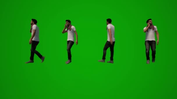 3D欧洲游客绿色屏幕 一边讲电话 一边走路 检查手机的几个不同移动角度 — 图库视频影像