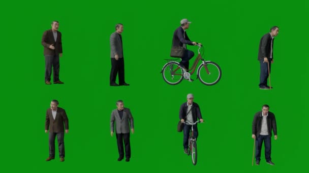 3D四个不同的中国和日本退休男子的绿色屏幕 一边说一边拿着手提包和自行车 站在多个镜头下 Chroma — 图库视频影像