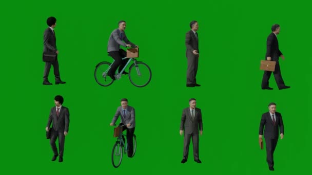 3D四个不同的亚裔美国人高级员工绿色屏幕 一边说话一边走路 手持手提包和自行车 站在多功能的Chroma 4K平台上 — 图库视频影像