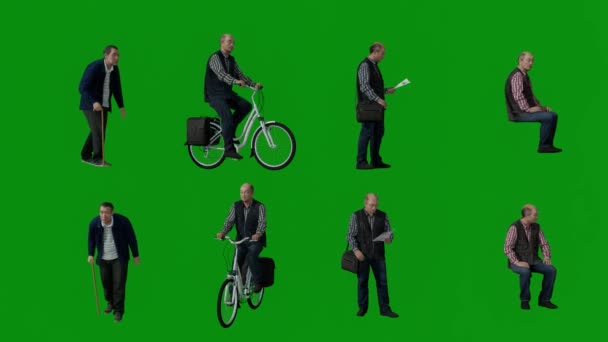 3D四个不同的老邮递员绿色屏幕 提供信件 自行车 阅读名字和行走多个镜头Chroma — 图库视频影像