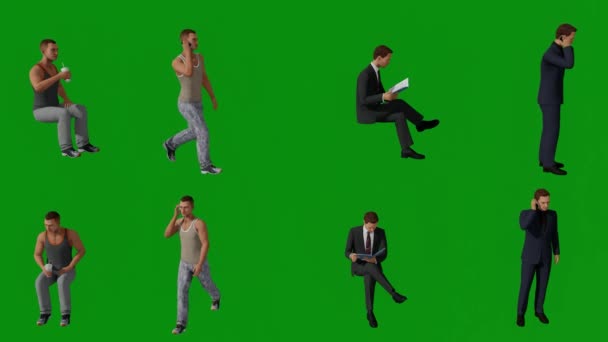 3D四个不同的工作和失业男性绿色屏幕 一边站着一边坐着一边聊天 读书和喝酒 — 图库视频影像