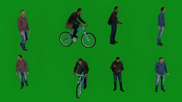 4K分辨率 不同的美国男生在绿屏背景下说话 骑自行车 配色键 — 图库视频影像