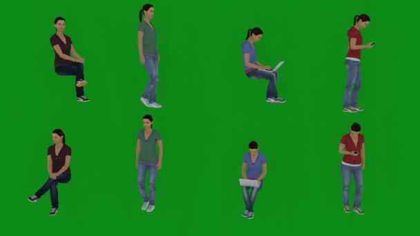 4K解像度 緑の画面の背景に異なる男性と女性の建築家が話して 携帯電話を使用して座って立って歩く クロマキー — ストック動画