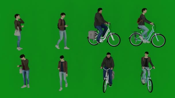 3D四个不同的女管理员绿色屏幕背景讲电话和骑自行车从几个不同的观点与4K质量 — 图库视频影像