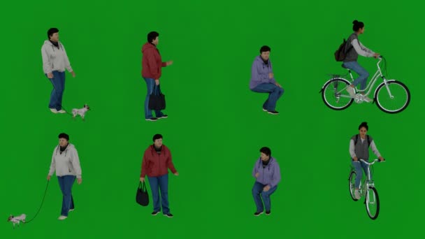 3D四个不同的女佣 绿色屏幕 会说话 骑自行车 从几个不同的角度出发 带着4K的品质走上街头 — 图库视频影像