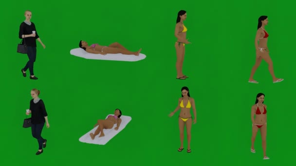 4つの異なる女性スイマー緑の画面の背景の話 休息と4K品質でいくつかの異なるビューから歩く — ストック動画