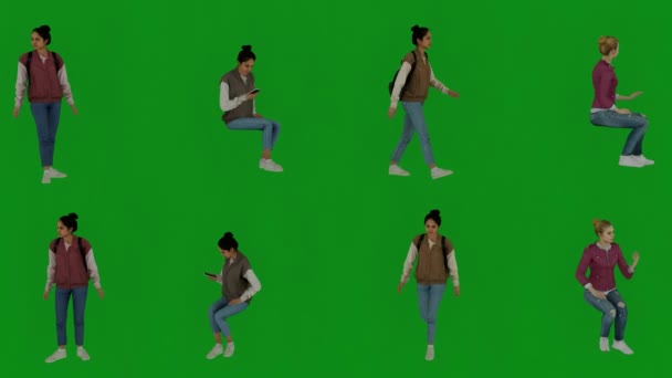 3D四个不同的女生在绿屏背景下聊天 使用手机 从几个不同的视角走到4K级 — 图库视频影像