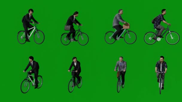 Four Different Students Riding Bikes Green Screen Background Riding Bag — Stock Video