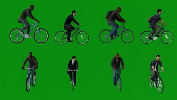 Чотири Різні Працівники Велосипедистів Зелений Фон Екрану Водіння Циганським Мішком — стокове відео